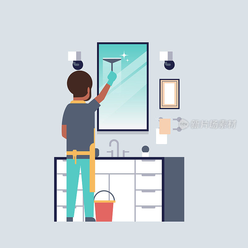 man in gloves and apron cleaning mirror with squeegee african american guy in bathroom doing housework concept rear view male character full length